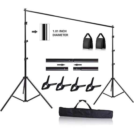 10ft Adjustable Background Support Stand Photography Video Studio Backdrop Kit, 4 Backdrop Clamps, 2 Sandbags for Wedding Party Stage Decoration Black, Aluminum alloy Backdrop Stand