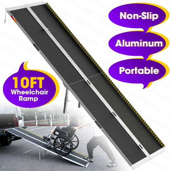 10ft Aluminum Wheelchair Ramp, 600 lbs Capacity Portable Threshold Ramp with Non-Slip Surface & Safety Side Baffles, Rust-Resistant Folding Ramp for Home Steps, Garage & Vehicle Access