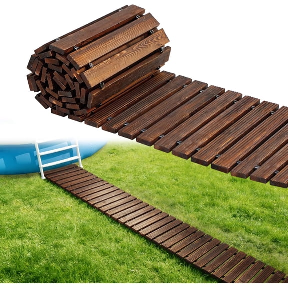 10ft Anti-Slip Wooden Pool Walkway for Above Ground Pools Weather-Resistant Carbonized Wood Roll-Up Pathway, Helps Keep Dirt & Mud Out, Boardwalk for Pool Ladder Area (Brown)