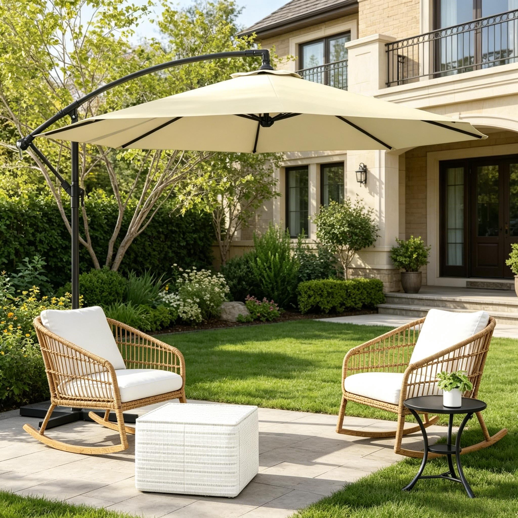 10ft Beige Offset Patio Cantilever Umbrella with Stable Base, Adjustable Tilt Crank Operated Outdoor Sun Shade, UV & Water Resistant Steel Frame for Garden Backyard