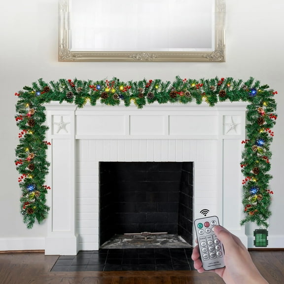 10ft Berry & Pinecone Garland, Multicolor LED Lights with Remote for Mantle, Staircase, and More