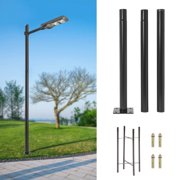 10ft Black Street Light Pole, Galvanized Steel Outdoor Lamp Post with Ground Cage & Accessories, 76mm Diameter, for Urban Roads, Parks, Parking Lots