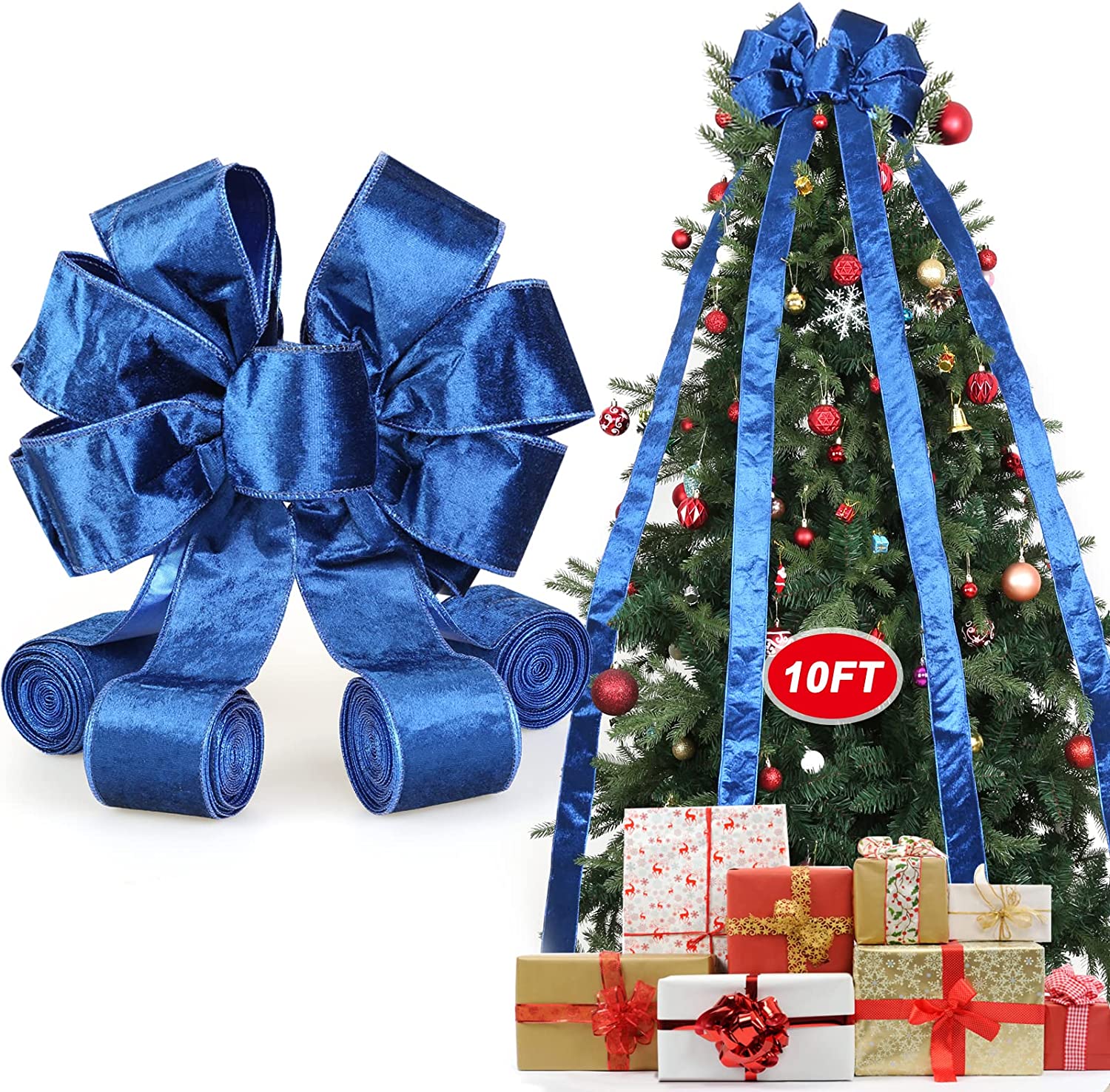 10ft Blue Velvet Ribbon Christmas Tree Topper Bow Festive Holiday