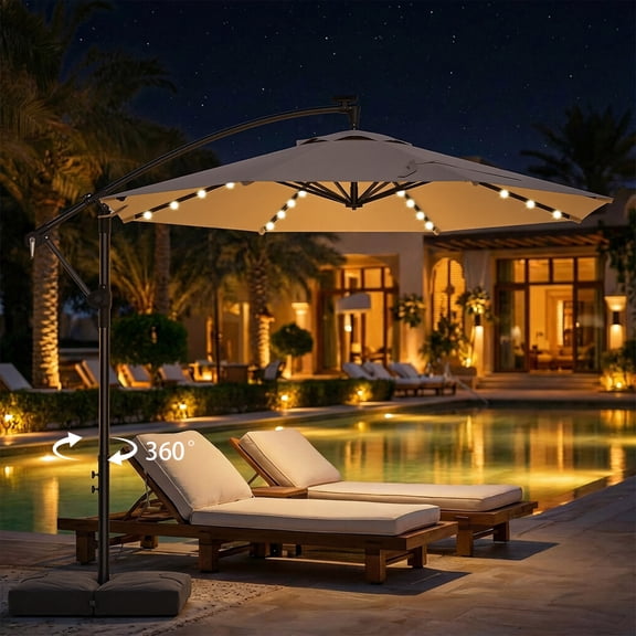 TASKBAY 10ft Cantilever Hanging Outdoor Umbrella (Includes Base), 360-Degree Rotation with 32 Solar LED Lights Patio Umbrella for Backyard, Deck, Poolside and Garden, Beige