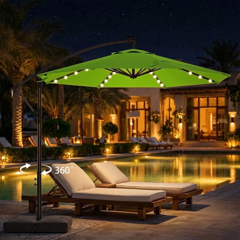 TASKBAY 10ft Cantilever Hanging Outdoor Umbrella (Includes Base), 360-Degree Rotation with 32 Solar LED Lights Patio Umbrella for Backyard, Deck, Poolside and Garden, Green