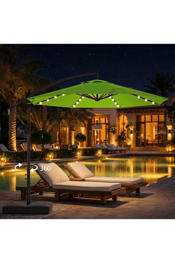 10ft Cantilever Hanging Outdoor Umbrella (Includes Base), 360-Degree Rotation with 32 Solar LED Lights Patio Umbrella for Backyard, Deck, Poolside and Garden, Green