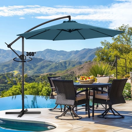 Patbrela 10ft Cantilever Patio Umbrella, 360-Degree Rotation Hanging Offset Market Outdoor Umbrella, Tilt Adjustment, for Backyard, Deck, Poolside, Blue (Base not included)