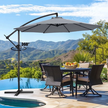 Patbrela 10ft Cantilever Patio Umbrella, 360-Degree Rotation Hanging Offset Market Outdoor Umbrella, Tilt Adjustment, for Backyard, Deck, Poolside, Gray (Base not included)