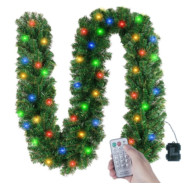 10ft Christmas Garland with 50 LED Light, Green Holiday Decor for Outdoor or Indoor Home Garden