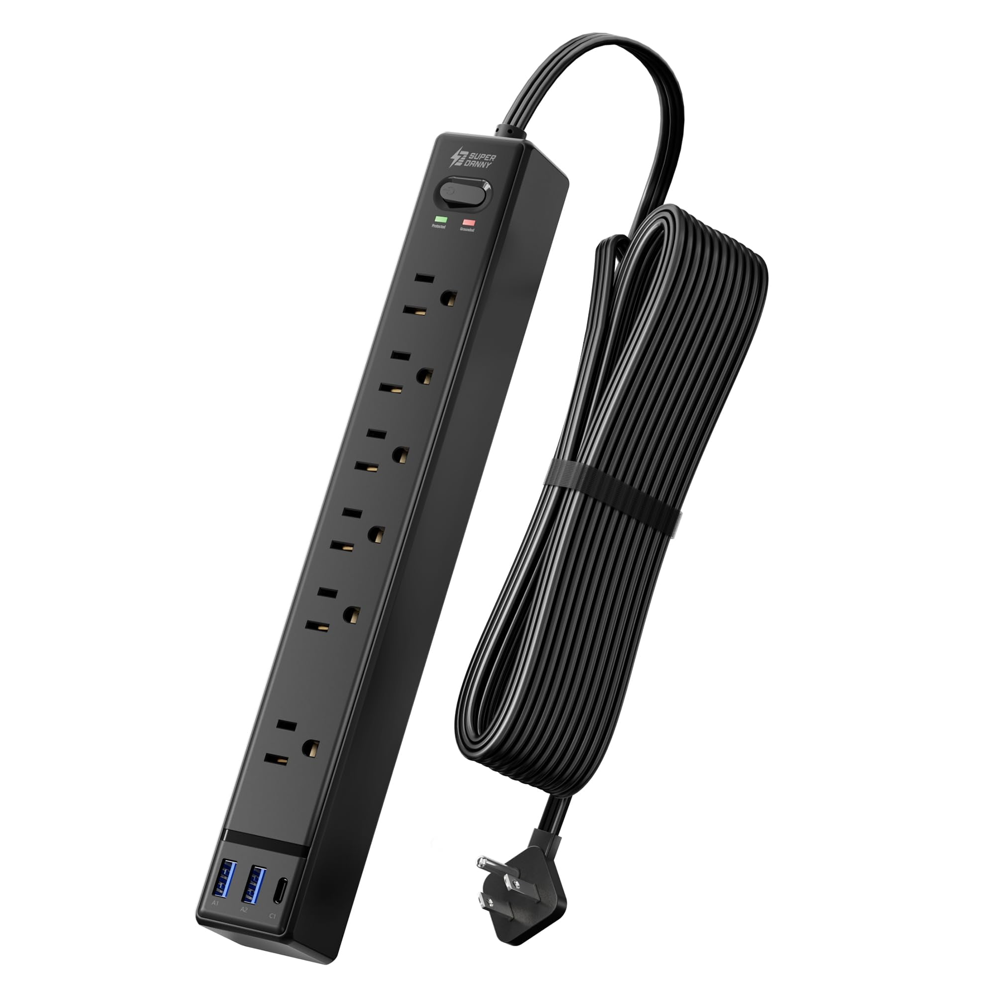 10ft Extension Cord With Multiple Outlets  Flat Plug Surge Protector Power Strip 3 Usb Ports & 6 10 Ft Long Black Charging Station For Home Office Dorm Room