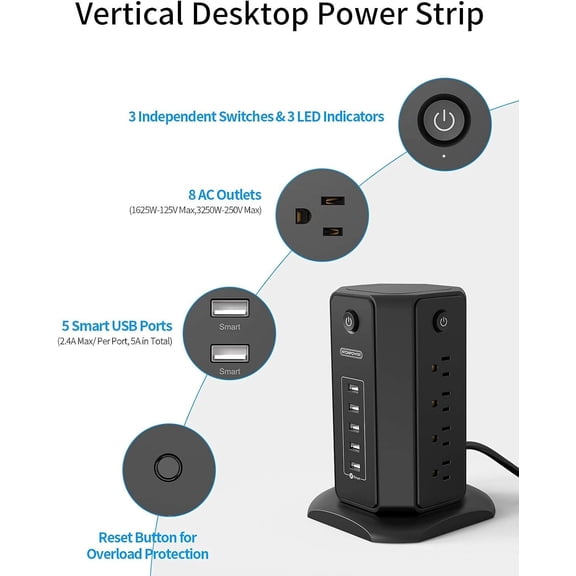 10ft Extension Cord Power Strip Tower with USB - 8 Outlets 5 USB, Black