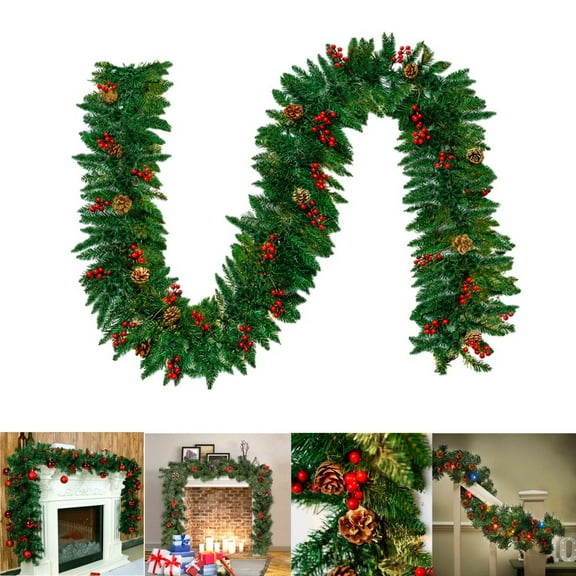 10ft Green Christmas Garland with Red Berries and Pine Cones for Fireplace Mantle Staircase Decor