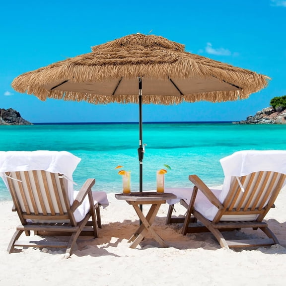 10ft Hula Thatched Tiki Umbrella, 2-Tier Hawaiian Style Solar Patio Umbrella with 32 LED Lights, Central Hub Light, 8 Sturdy Ribs, Tilt & Crank, Tropical Palapa Umbrella for Pool, Backyard, Beach
