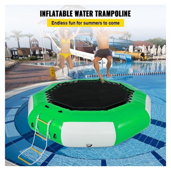 10ft Inflatable Water Trampoline with Ladder, Round Water Bouncer for Lakes and Pools, Recreational Floating Trampoline Platform for Adults and Kids, Green & White