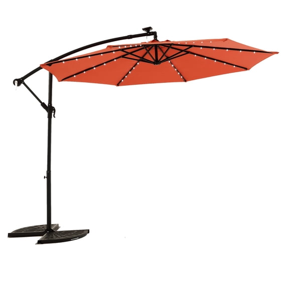 10ft LED Hanging Market Umbrella | Solar-Powered for Poolside | Durable Steel and Vibrant Polyester Fabric | Cross Base and Ground Stakes for Support