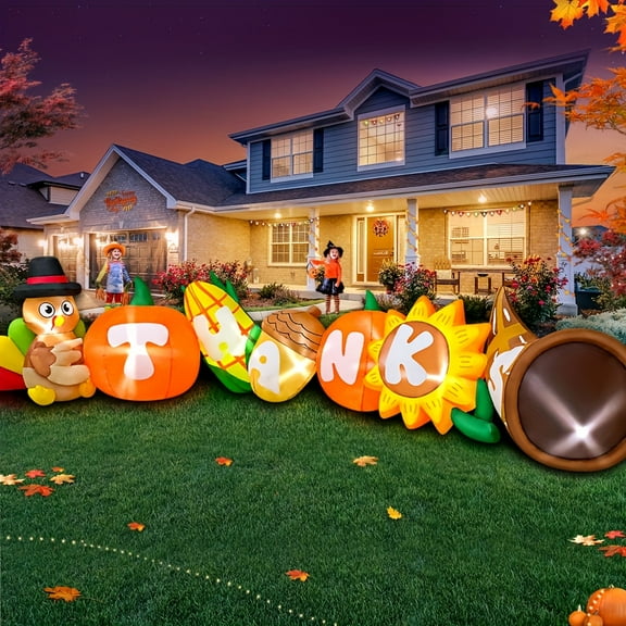10ft LED Thanksgiving Inflatable Turkey with Pumpkin & Corn - Outdoor Yard Decor for Fall, Autumn Parties, and Holiday Lawn Display