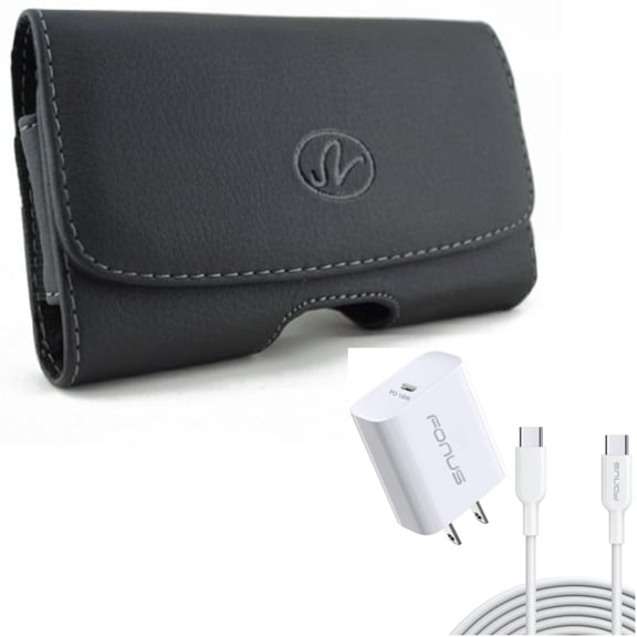 10ft Long Cable Fast Type-C 18W PD Home Charger w Swivel Leather Case Belt Clip for LG Premier Pro Plus (L455DL), G8X ThinQ, G7 ThinQ, Stylo 5 4 Plus, Harmony 4 - Lively Jitterbug Smart3