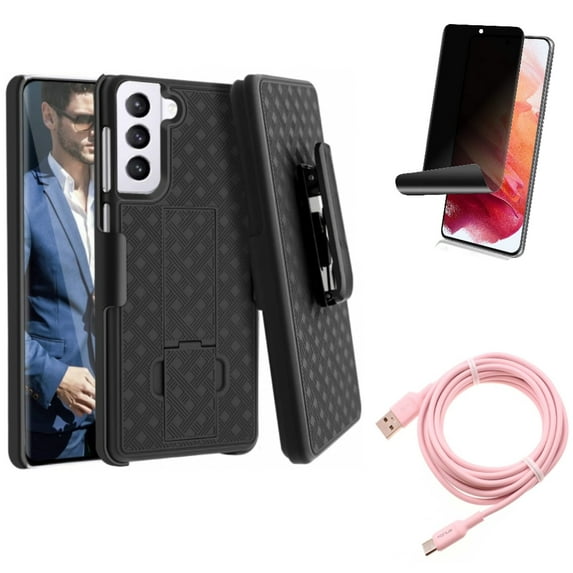 10ft Long USB-C Cable w Privacy Screen Protector w Case Belt Clip for Samsung Galaxy S21 Plus - Pink Charger Cord, TPU Film Fingerprint Works, Holster Swivel Accessory Bundle