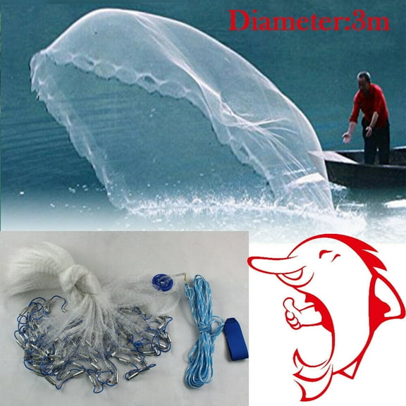 10ft Monofilament Fishing Cast Net, Steel Sinkers Easy Throw Hand Cast Net with 32.8ft Hand Rope for Lake River Sea Fishing