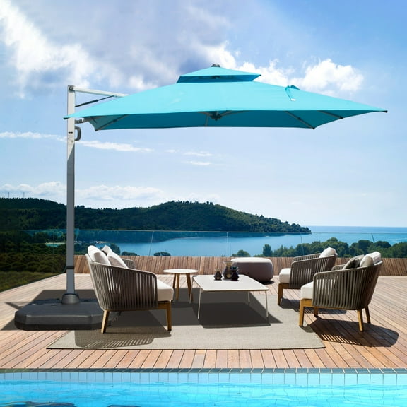 10ft Offset Cantilever Patio Umbrella, Square 360° Rotation Market Umbrella with 5-Position Tilt, 2-Tier Outdoor Table Umbrella with 9 Sturdy Ribs for Backyard, Pool, Blue (No Base)