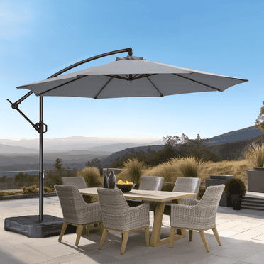10ft Offset Hanging Market Patio Umbrella with Easy Tilt Adjustment,Polyester Shade,8 Ribs for Backyard,Poolside,Lawn and Garden,Gray