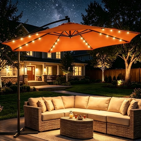 Patbrela 10ft Offset Hanging Patio Umbrella with 32 LED Lights and Easy Tilt Adjustment, Market Outdoor Umbrella Shade for Backyard, Poolside, Beach and Garden, Orange