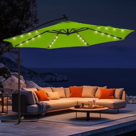 Patbrela 10ft Offset Hanging Patio Umbrella with 32 LED Lights and Easy Tilt Adjustment, Market Outdoor Umbrella Shade for Backyard, Poolside, Beach and Garden, Green