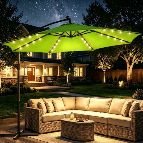 Patbrela 10ft Offset Hanging Patio Umbrella with 32 LED Lights and Easy Tilt Adjustment, Market Outdoor Umbrella Shade for Backyard, Poolside, Beach and Garden, Green