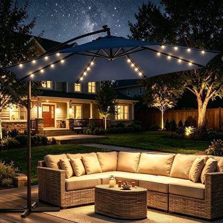 Patbrela 10ft Offset Hanging Patio Umbrella with 32 LED Lights and Easy Tilt Adjustment, Market Outdoor Umbrella Shade for Backyard, Poolside, Beach and Garden, Navy