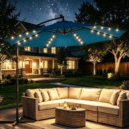 Patbrela 10ft Offset Hanging Patio Umbrella with 32 LED Lights and Easy Tilt Adjustment, Market Outdoor Umbrella Shade for Backyard, Poolside, Beach and Garden, Blue