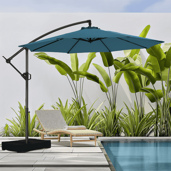 10ft Offset Hanging Market Patio Umbrella with Easy Tilt Adjustment,Polyester Shade,8 Ribs for Backyard,Poolside,Lawn and Garden,Blue