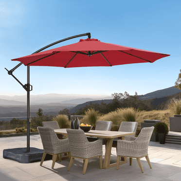 10ft Offset Hanging Market Patio Umbrella with Easy Tilt Adjustment,Polyester Shade,8 Ribs for Backyard,Poolside,Lawn and Garden,Red