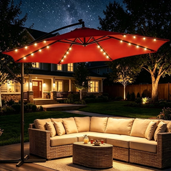 Patbrela 10ft Offset Hanging Patio Umbrella with 32 LED Lights and Easy Tilt Adjustment, Market Outdoor Umbrella Shade for Backyard, Poolside, Beach and Garden, Red