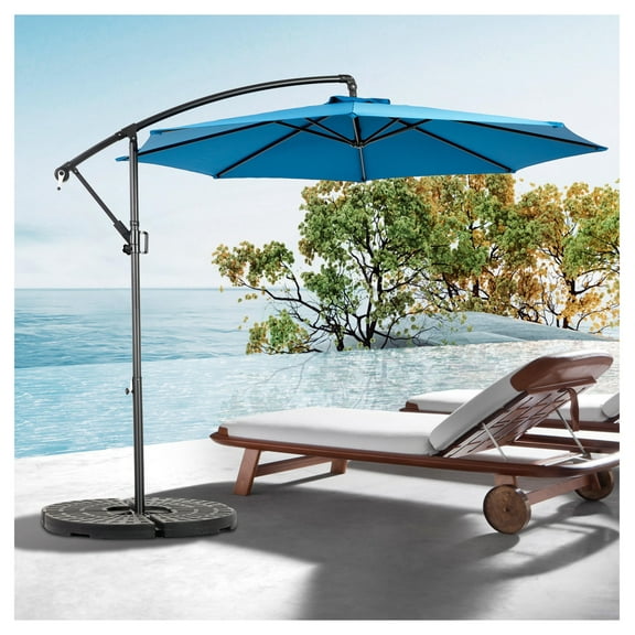 10ft Offset Hanging Patio Umbrella w/Easy Tilt Adjustment, Polyester Shade, 8 Ribs for Backyard, Poolside - ( Dark blue ) (No Base)