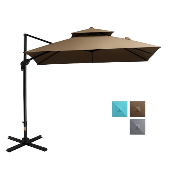 10ft Offset Patio Umbrella with Base, Cantilever Outdoor Umbrella 360 Rotation, Tilt, Coffee