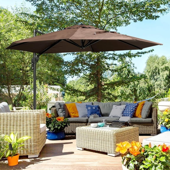 10ft Offset Umbrella with Base, Hanging Aluminum and Steel Cantilever Umbrella with 360 Rotation, Easy Tilt, 8 Ribs, Crank, Cross Base for Poolside, Garden, Coffee