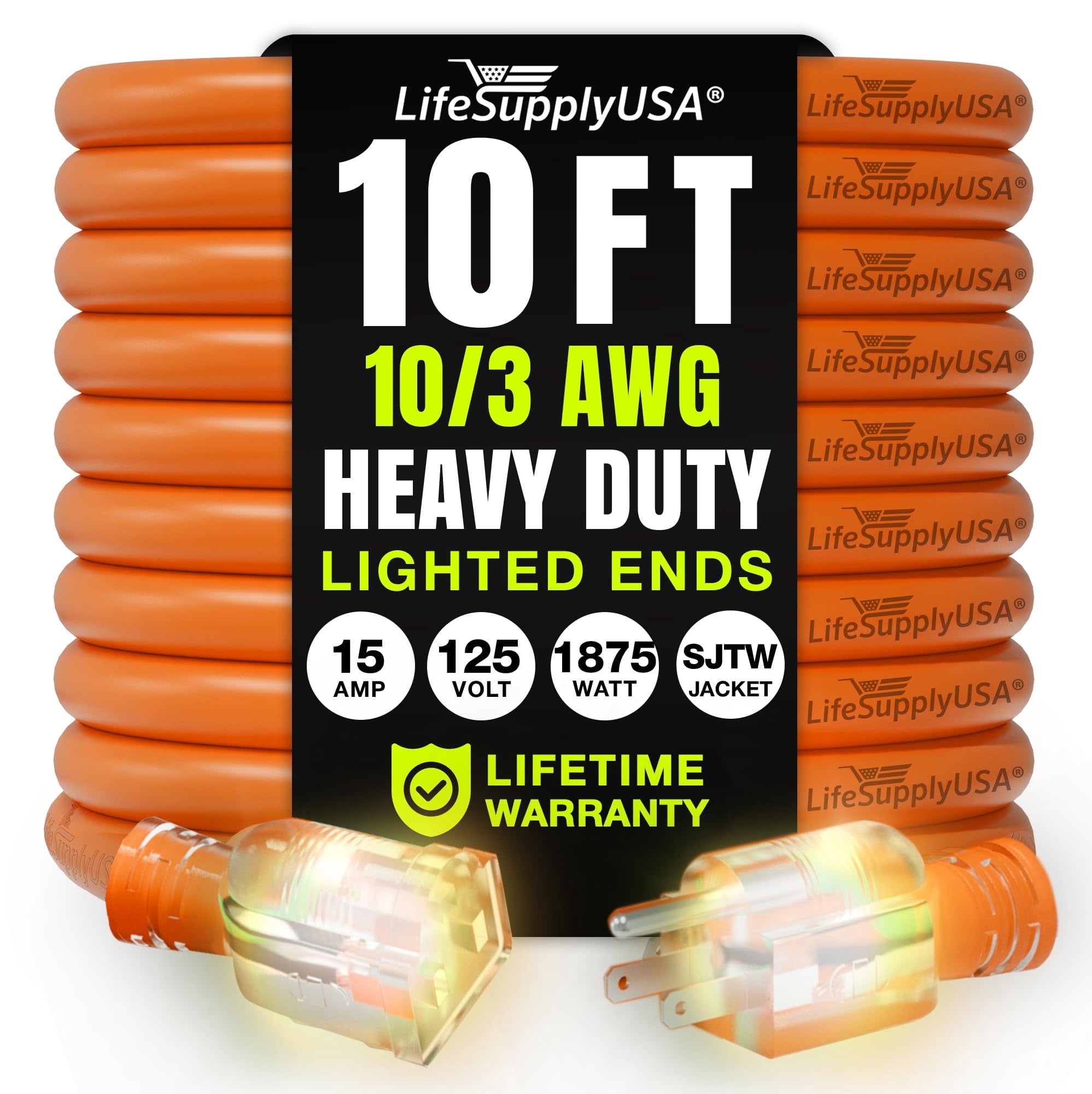 10ft Outdoor/Indoor Extension Cord 10/3 Gauge Ultra Heavy Duty 3 Prong SJTW, Waterproof, Flexible Cold-Resistant Long Power Cord,15A 125V 1875W, Orange by LifeSupplyUSA