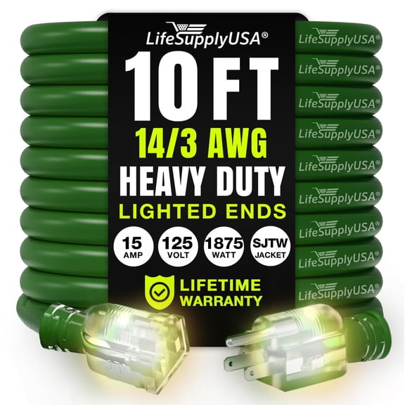 10ft Outdoor/Indoor Extension Cord 14/3 Gauge Heavy Duty 3 Prong SJTW, Waterproof, Flexible Cold-Resistant Long Power Cord,125 Amp 1875W, Green by LifeSupplyUSA