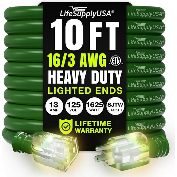 10ft Outdoor/Indoor Extension Cord 16/3 Gauge Heavy Duty 3 Prong SJTW, Waterproof, ETL Listed, Flexible Cold-Resistant Long Power Cord,125 Amp 1625W, Green by LifeSupplyUSA