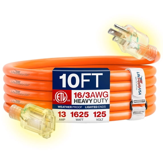 10ft Outdoor/Indoor Extension Cord 16/3 Gauge Heavy Duty 3 Prong SJTW, Waterproof, ETL Listed, Flexible Cold-Resistant Long Power Cord,125 Amp 1625W, Orange by LifeSupplyUSA