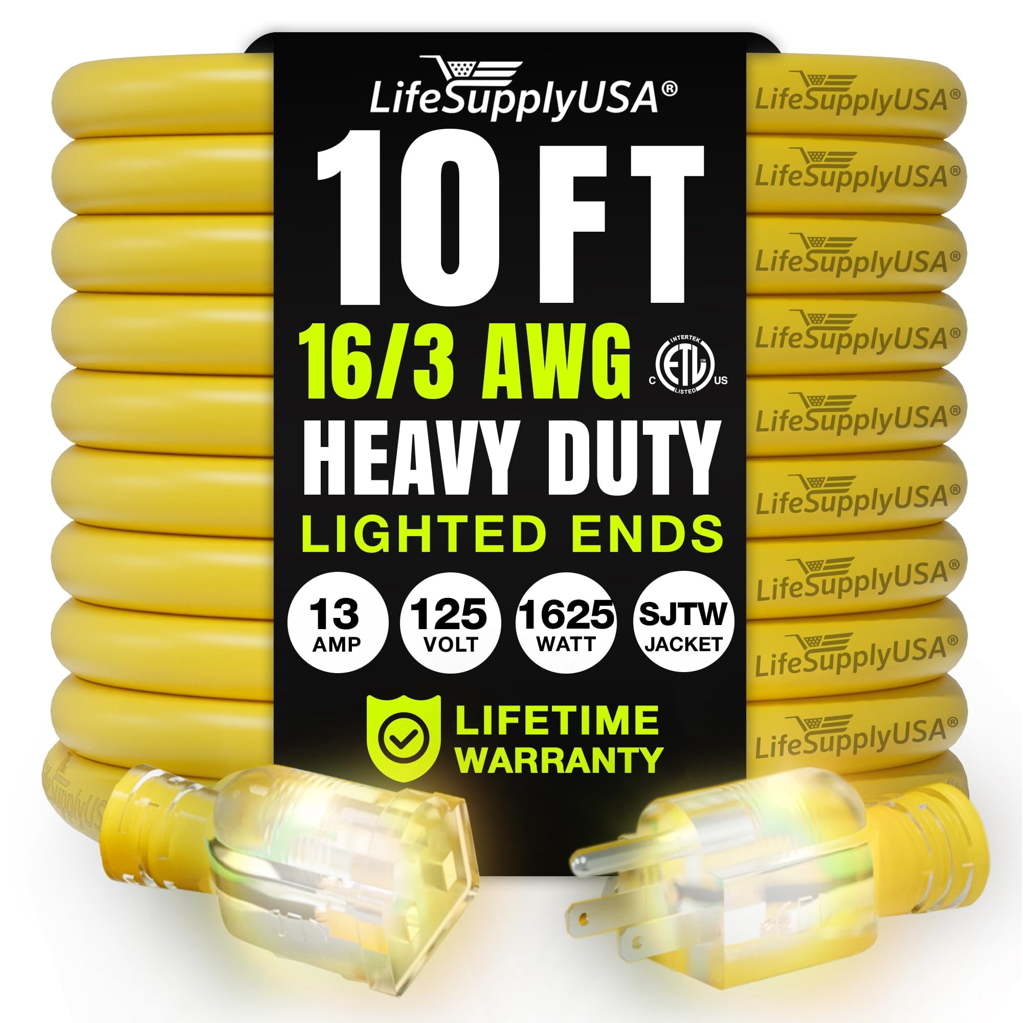 10ft Outdoor/Indoor Extension Cord 16/3 Gauge Heavy Duty 3 Prong SJTW, Waterproof, ETL Listed, Flexible Cold-Resistant Long Power Cord,125 Amp 1625W, Yellow by LifeSupplyUSA