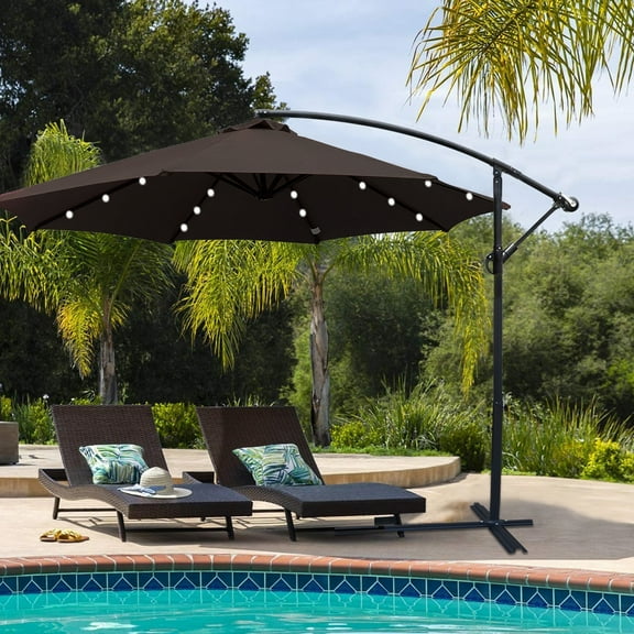 10ft Outdoor Patio Umbrella, LED Solar Power Hanging Umbrella with Solar Panel, 24 LED Bulbs, Crank & Cross Base, UV Protection Patio Offset Umbrella for Backyard, Garden, Poolside, Chocolate, D112
