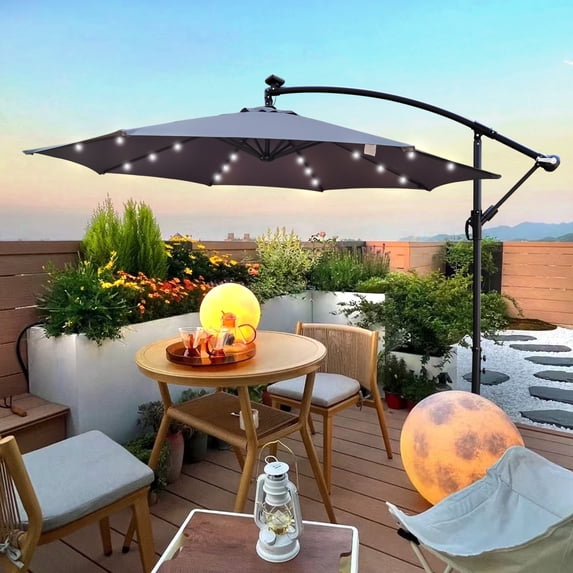 10ft Outdoor Patio Umbrella, Solar Powered LED Lighted Sun Shade Umbrella, Waterproof 8 Ribs Umbrella with Crank and Cross Base for Garden/Deck/Backyard/Pool/ Swimming Pool, Medium Grey