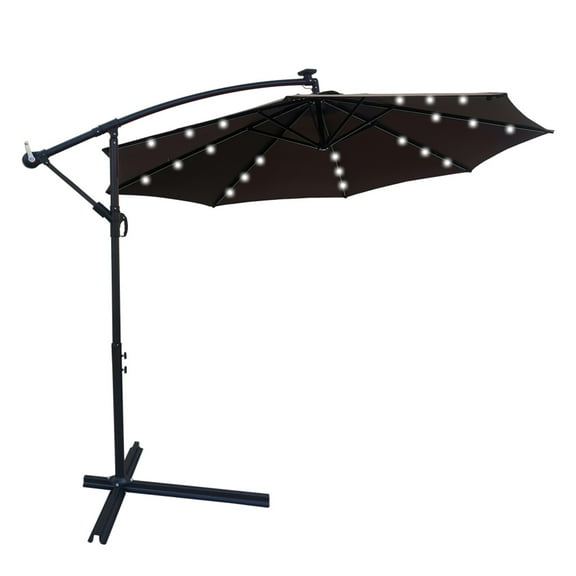 10ft Outdoor Solar LED Patio Umbrella, Offset Hanging Outdoor Umbrella with 24 LED Bulbs, Solar Panel, Crank & Cross Umbrella Base, Perfect for Patio, Yard, Garden, Deck, Poolside, Chocolate, D110