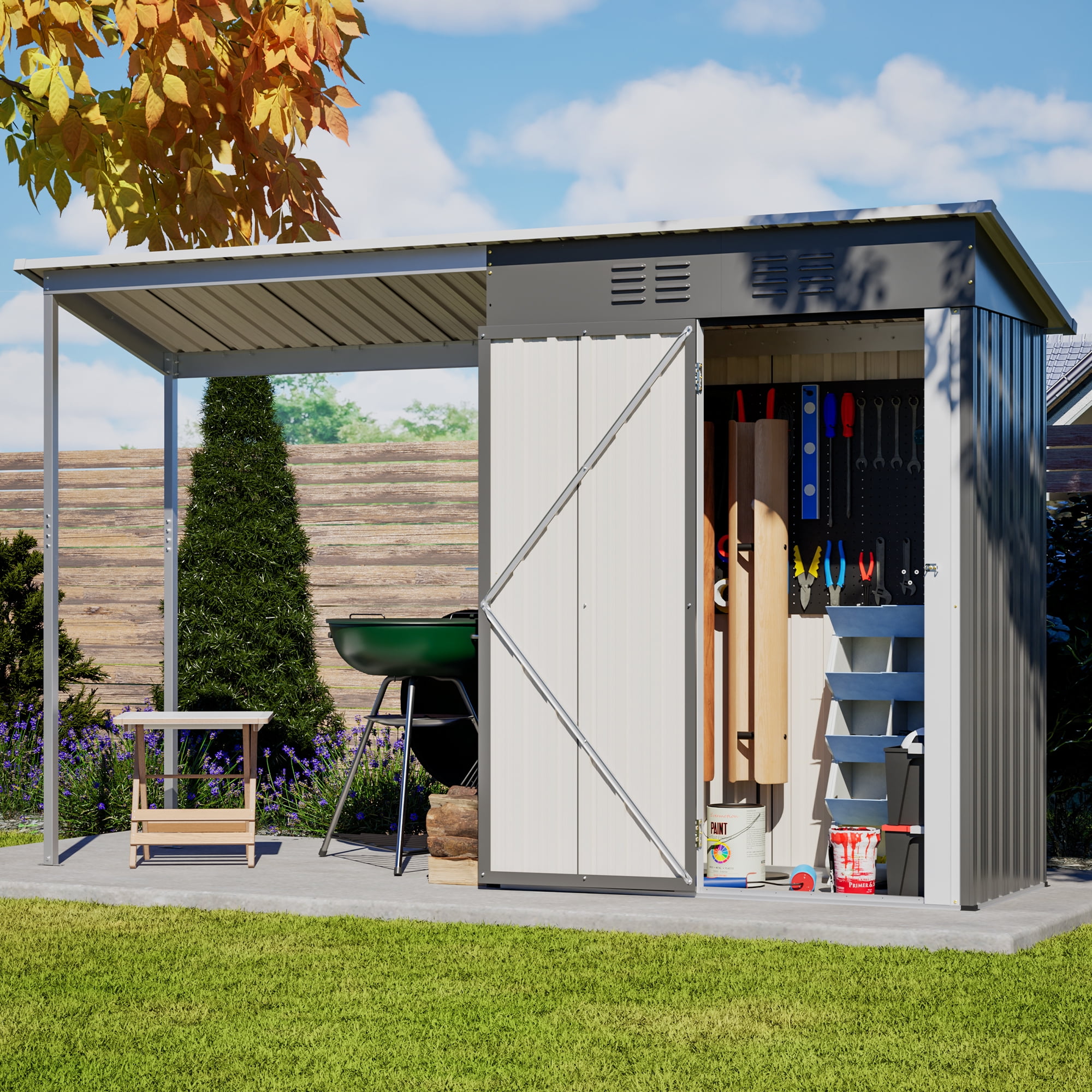 10ft Outdoor Storage Shed & Gazebo Combo, 5x3FT Galvanized Steel Lean