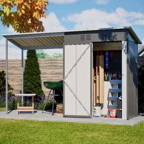 10ft Outdoor Storage Shed & Gazebo Combo, 5x3FT Galvanized Steel Lean-To Shed with Open Pergola, 2-in-1 Garden Tool House & Grill Shelter for Patio Backyard, All-Weather Metal Organizer