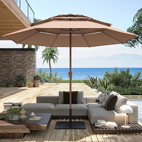 IMIKEYA 3 Tiers Patio Umbrella Khaki Polyester Aluminum Steel Easy Crank Push Button Tilt