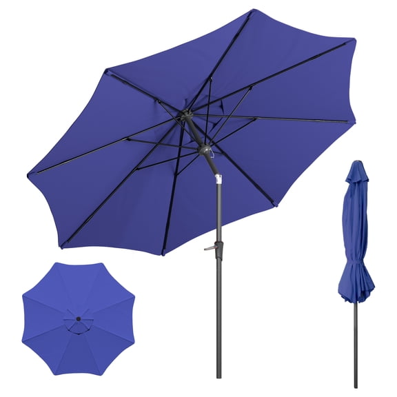 10ft Outdoor Umbrella with Navy Blue Polyester Fabric, Patio Umbrella with Fiberglass Ribs Market Table Umbrella with Push Button Tilt and Crank UV Protection Waterproof