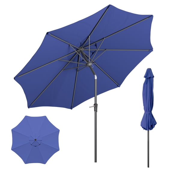 10ft Outdoor Umbrella with Navy Blue Polyester Fabric, Patio Umbrella with Steel Ribs Market Table Umbrella with Push Button Tilt and Crank UV Protection Waterproof