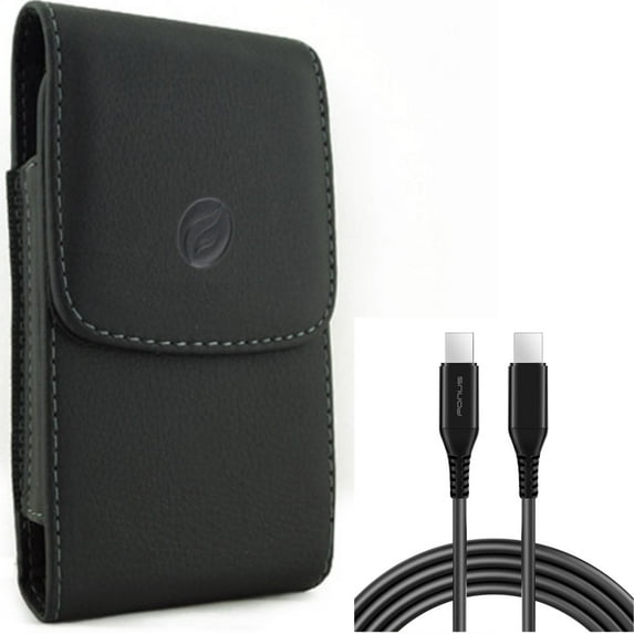 10ft PD Cable + Case Belt Clip for Motorola One 5G Ace Phone - Type-C to USB-C Charger Cord Power Wire and Leather Holster Cover Pouch Combo for Motorola One 5G Ace (2021)